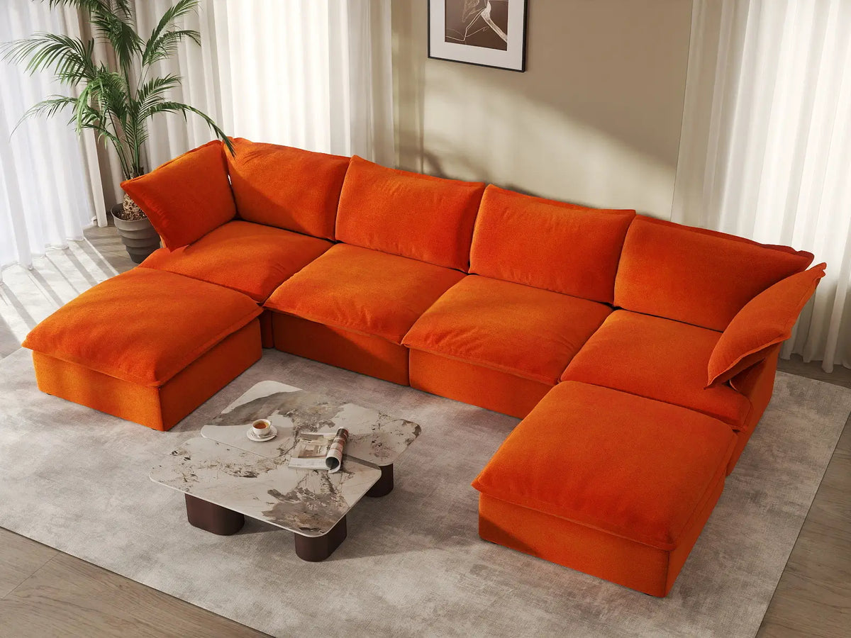 Deluxe Cloud Orange 4-Seater U-Shaped Storage Sofa | 6-Piece (includes 2 ottomans), Velvet Fabric, Washable Covers