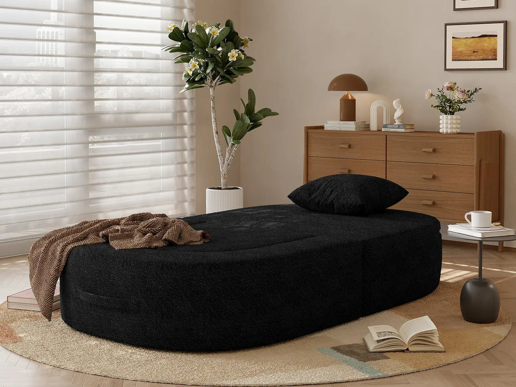 Essential 1-Seater Black Small Space Single Sofa | Teddy Velvet Fabric, Includes Ottoman, Convertible Sleeper Design