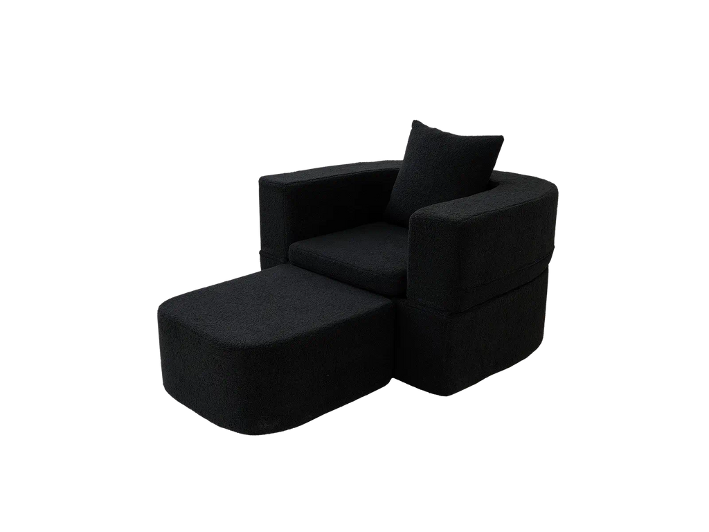 Essential 1-Seater Black Small Space Single Sofa | Teddy Velvet Fabric, Includes Ottoman, Convertible Sleeper Design