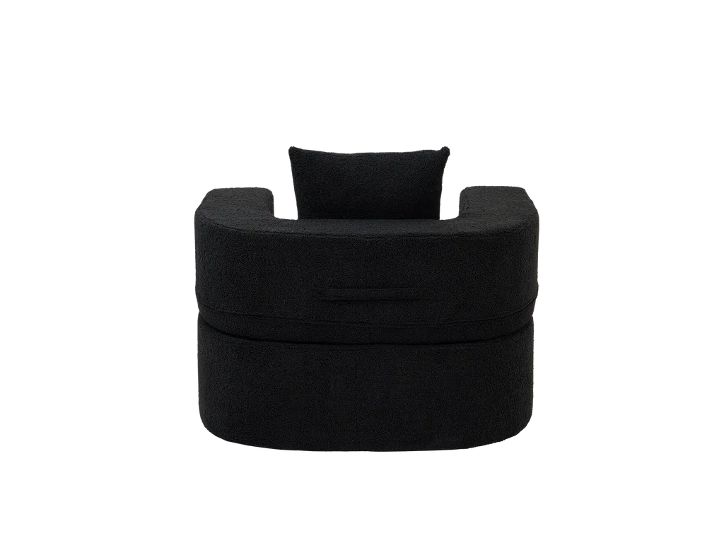 Essential 1-Seater Black Small Space Single Sofa | Teddy Velvet Fabric, Includes Ottoman, Convertible Sleeper Design
