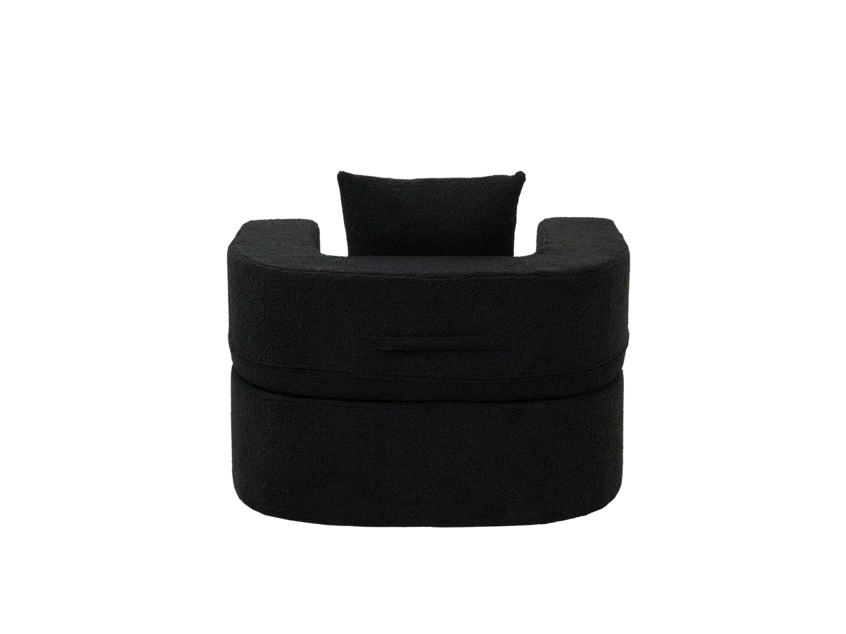 Essential 1-Seater Black Small Space Single Sofa | Teddy Velvet Fabric, Includes Ottoman, Convertible Sleeper Design