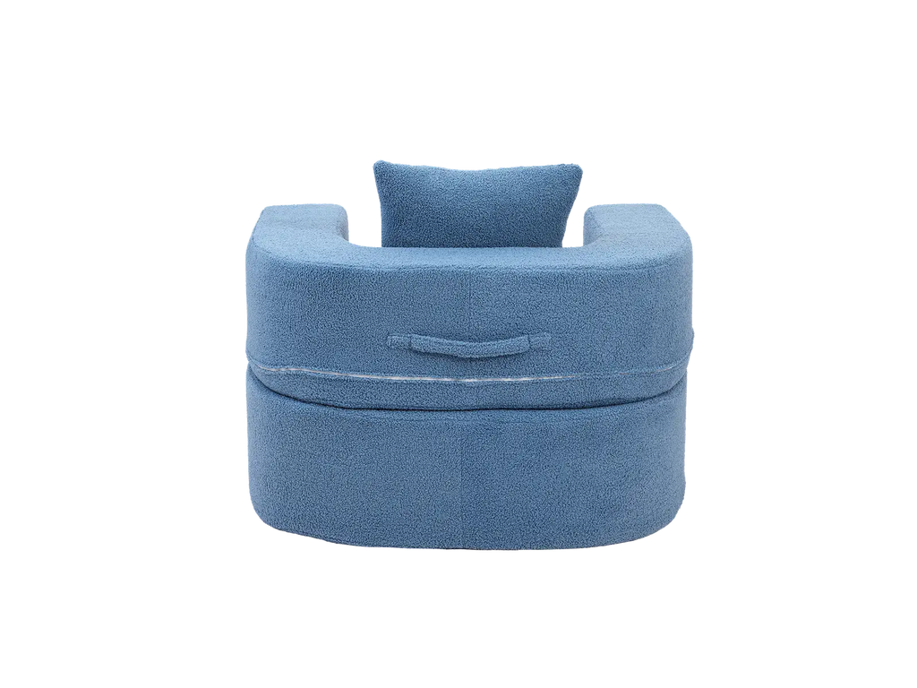 Essential 1-Seater Blue Small Space Single Sofa | Teddy Velvet Fabric, Includes Ottoman, Convertible Sleeper Design