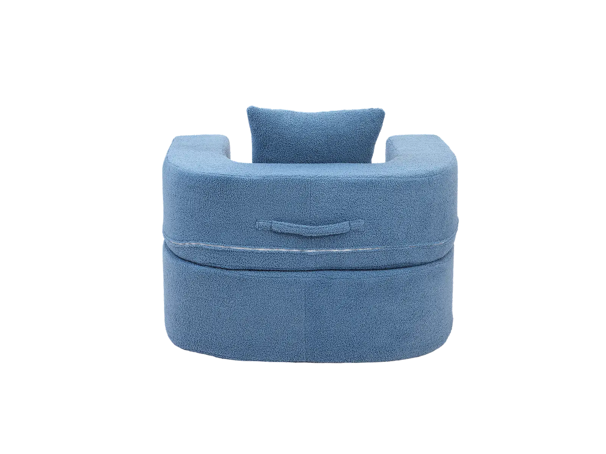 Essential 1-Seater Blue Small Space Single Sofa | Teddy Velvet Fabric, Includes Ottoman, Convertible Sleeper Design