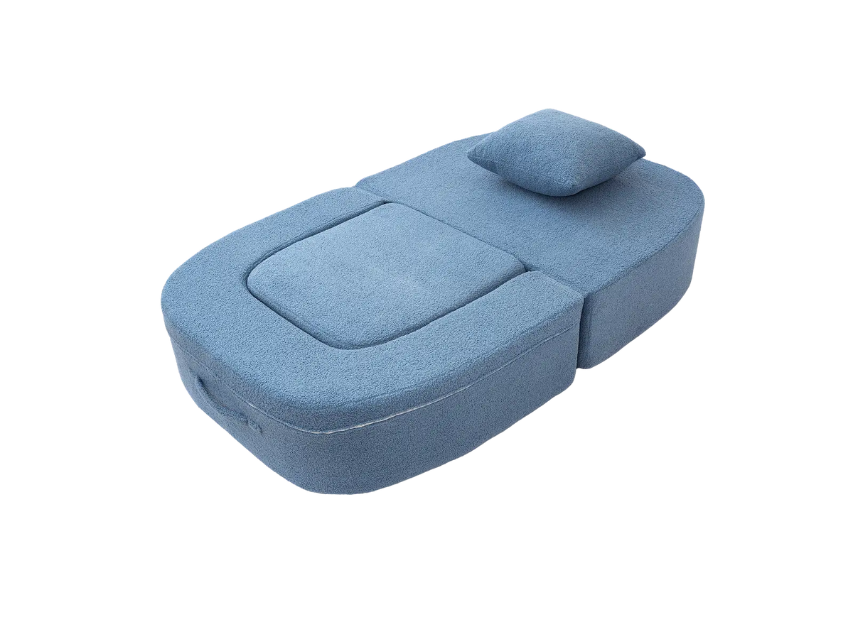 Essential 1-Seater Blue Small Space Single Sofa | Teddy Velvet Fabric, Includes Ottoman, Convertible Sleeper Design