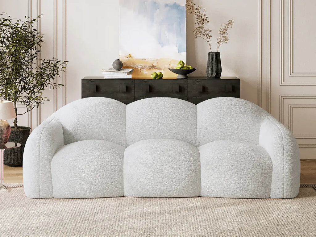 Essential 3-Seater Beige Small Space Couch Sectional | 1-Piece, Teddy Velvet Fabric, Apartment Friendly