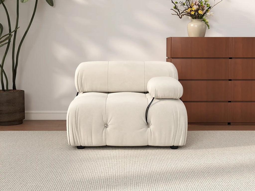 Matrix Beige 1-Seater Single Sofa | 1-Piece, Right-Arm Design, Velvet Fabric, Fixed Upholstery