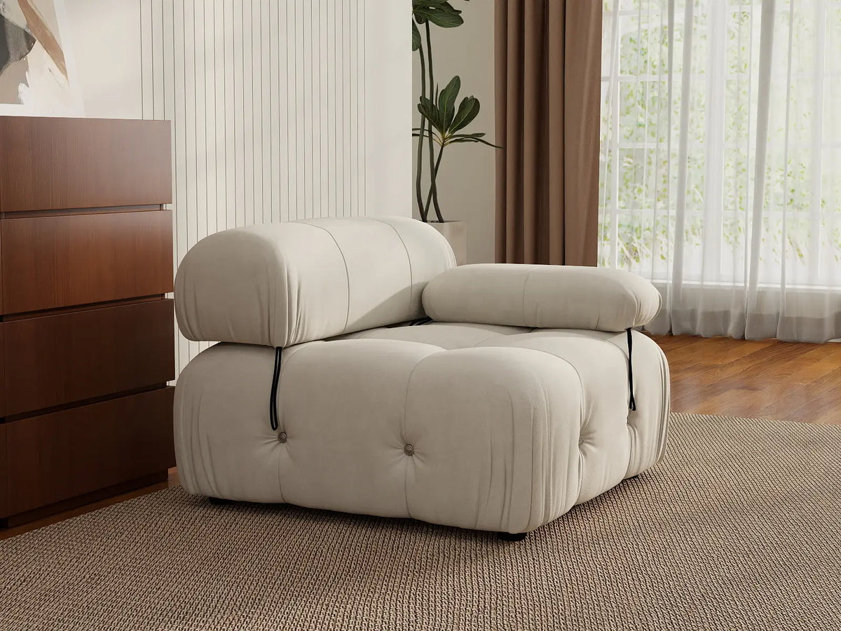 Matrix Beige 1-Seater Single Sofa | 1-Piece, Right-Arm Design, Velvet Fabric, Fixed Upholstery