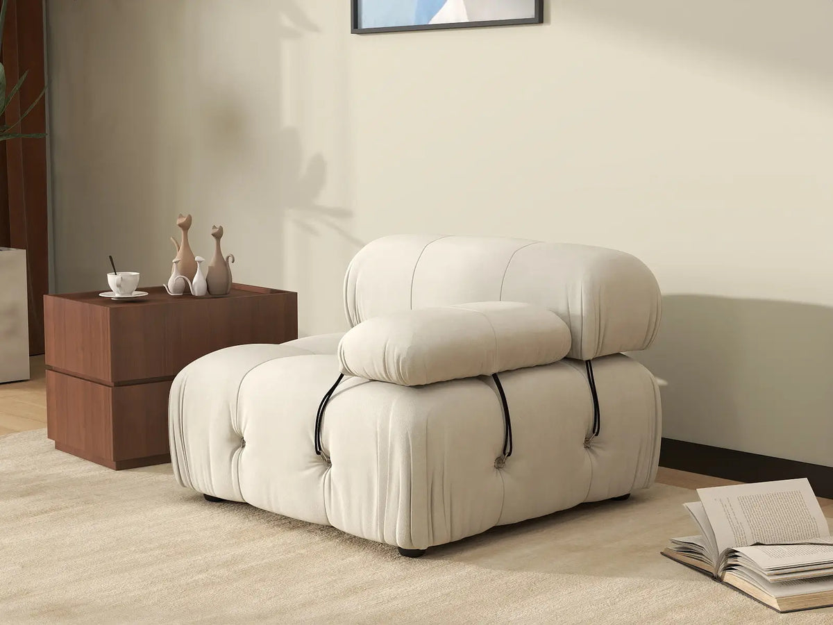 Matrix Beige 1-Seater Single Sofa | 1-Piece, Right-Arm Design, Velvet Fabric, Fixed Upholstery