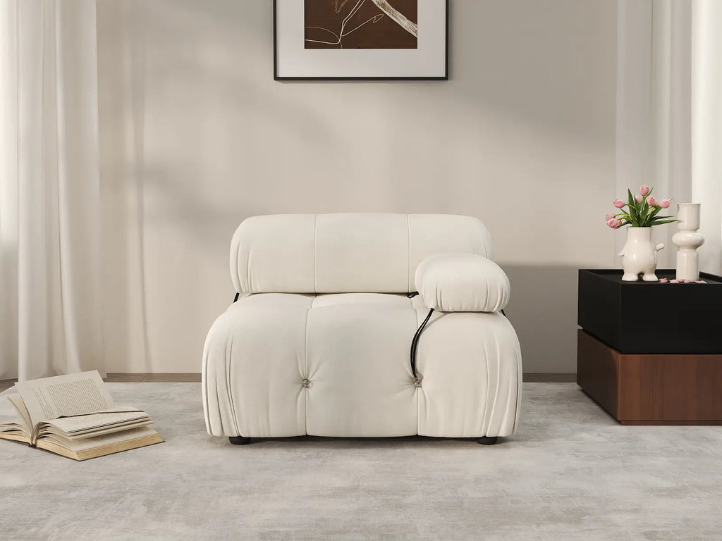 Matrix Beige 1-Seater Single Sofa | 1-Piece, Right-Arm Design, Velvet Fabric, Fixed Upholstery