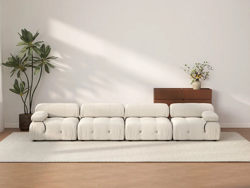 Matrix Beige 4-Seater Couch Sectionals | 4-Piece, Velvet Fabric, Fixed Upholstery