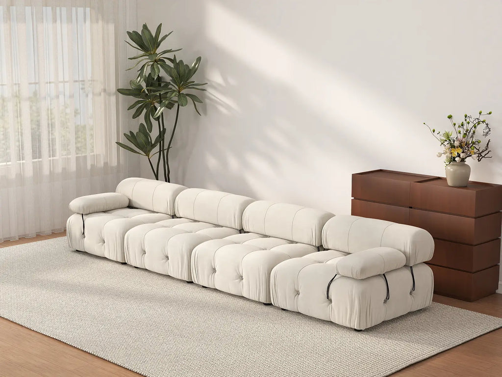 Matrix Beige 4-Seater Couch Sectionals | 4-Piece, Velvet Fabric, Fixed Upholstery