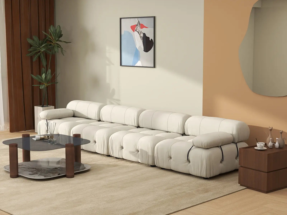 Matrix Beige 4-Seater Couch Sectionals | 4-Piece, Velvet Fabric, Fixed Upholstery