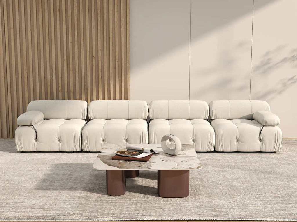 Matrix Beige 4-Seater Couch Sectionals | 4-Piece, Velvet Fabric, Fixed Upholstery
