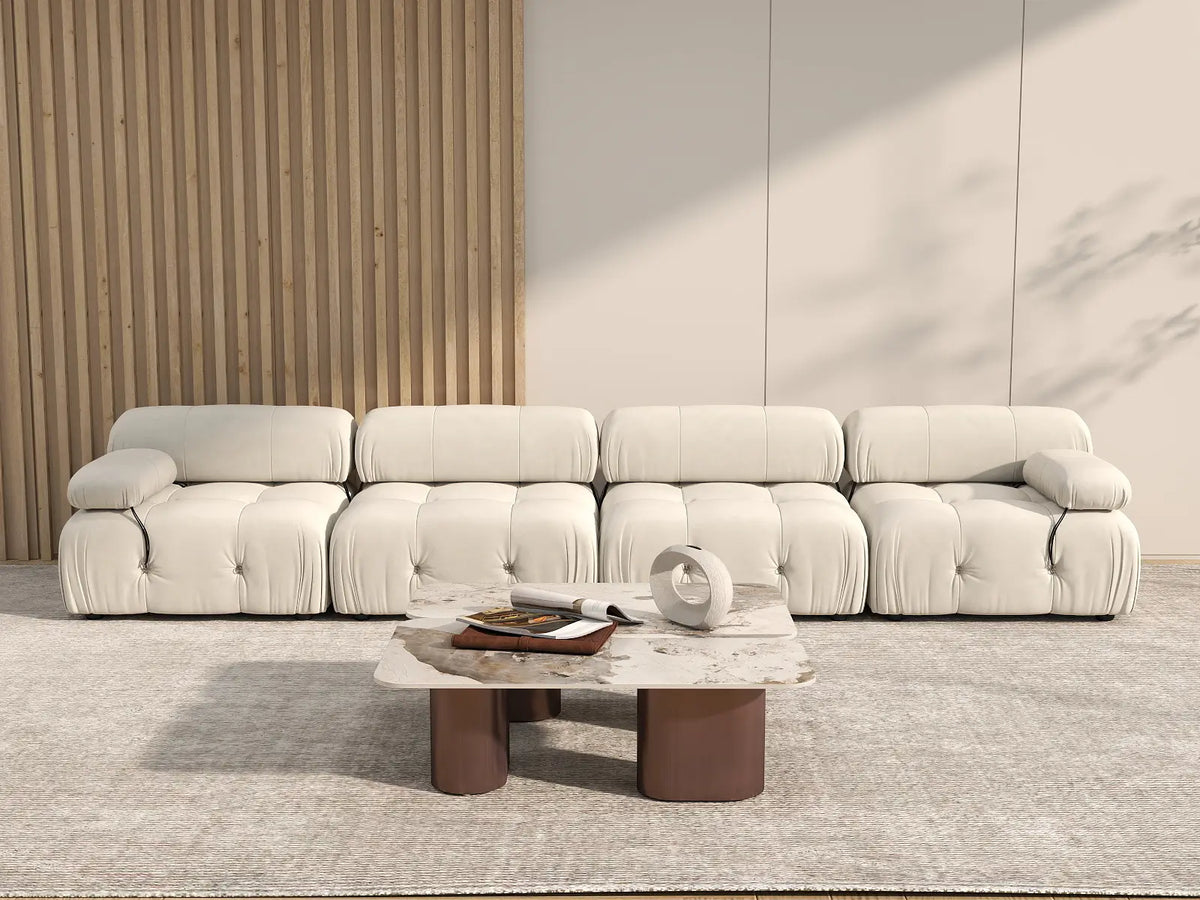 Matrix Beige 4-Seater Couch Sectionals | 4-Piece, Velvet Fabric, Fixed Upholstery
