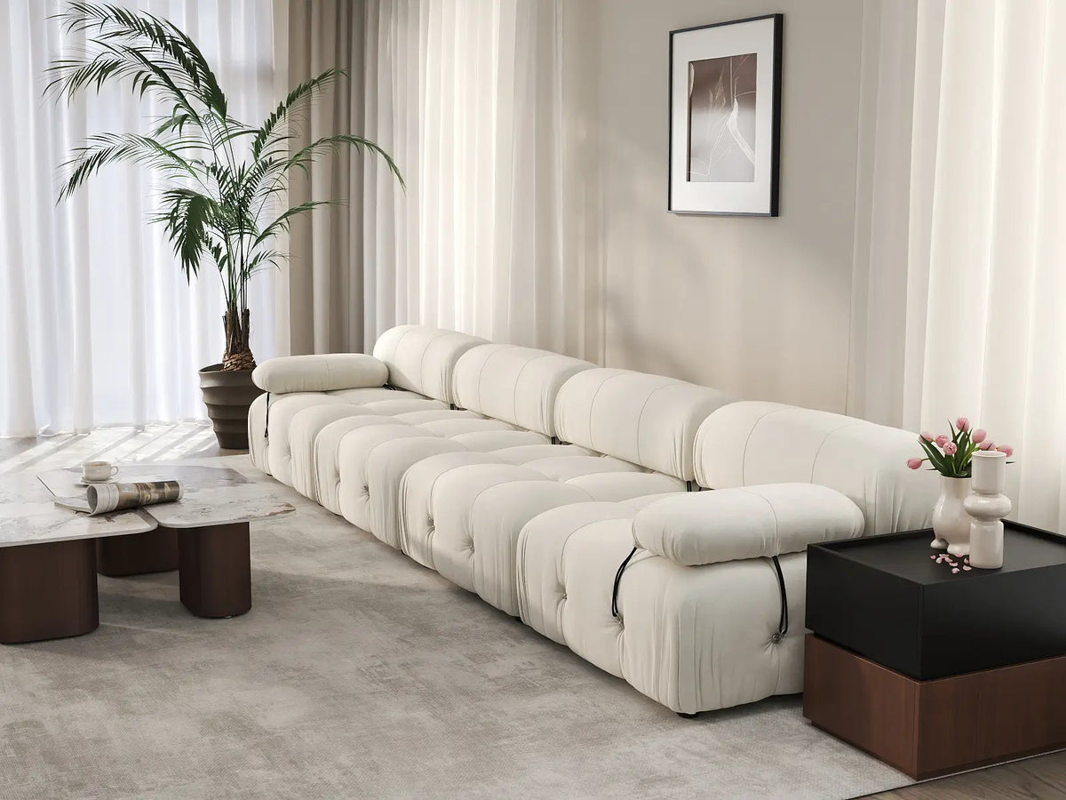 Matrix Beige 4-Seater Couch Sectionals | 4-Piece, Velvet Fabric, Fixed Upholstery