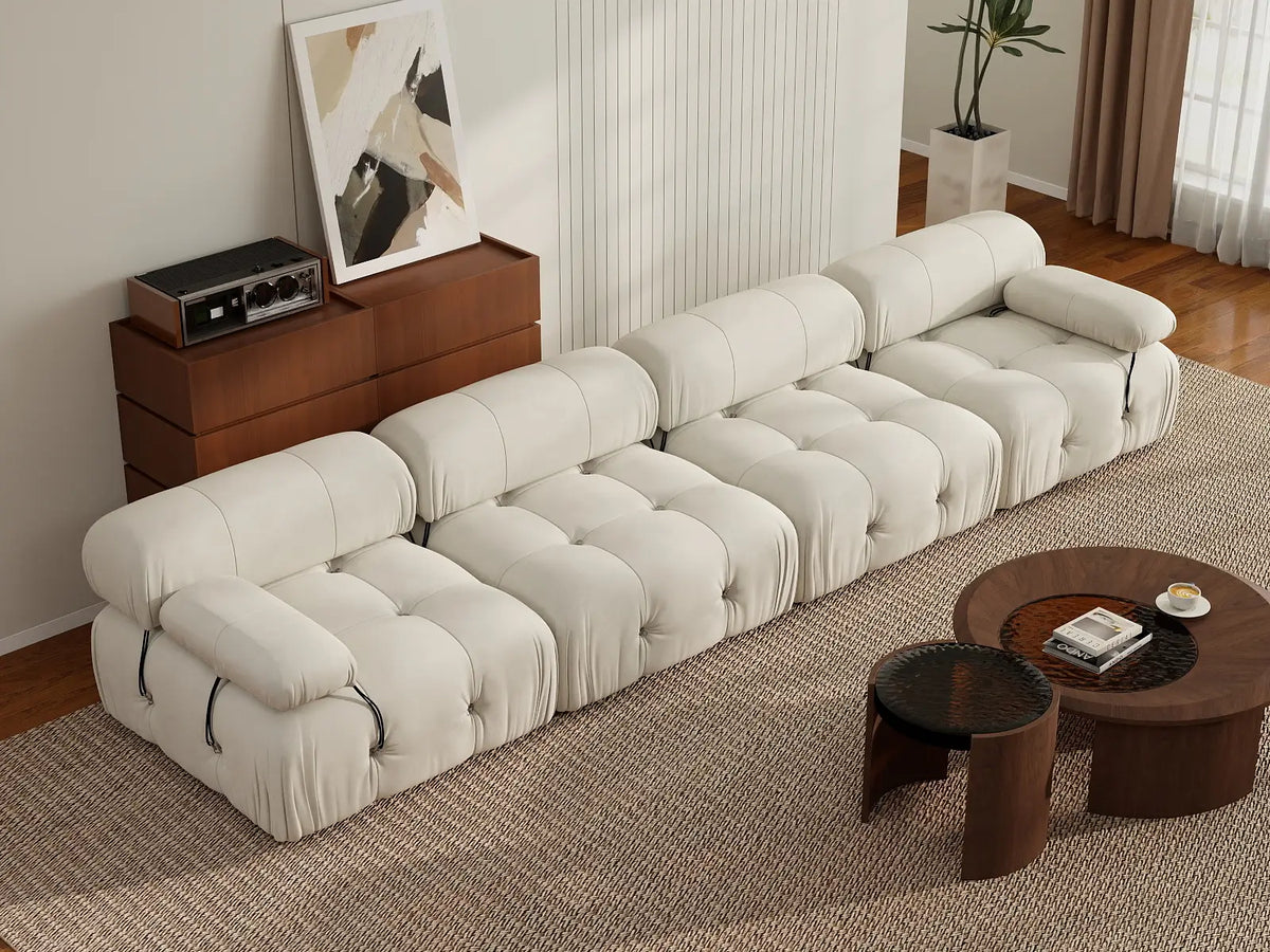 Matrix Beige 4-Seater Couch Sectionals | 4-Piece, Velvet Fabric, Fixed Upholstery