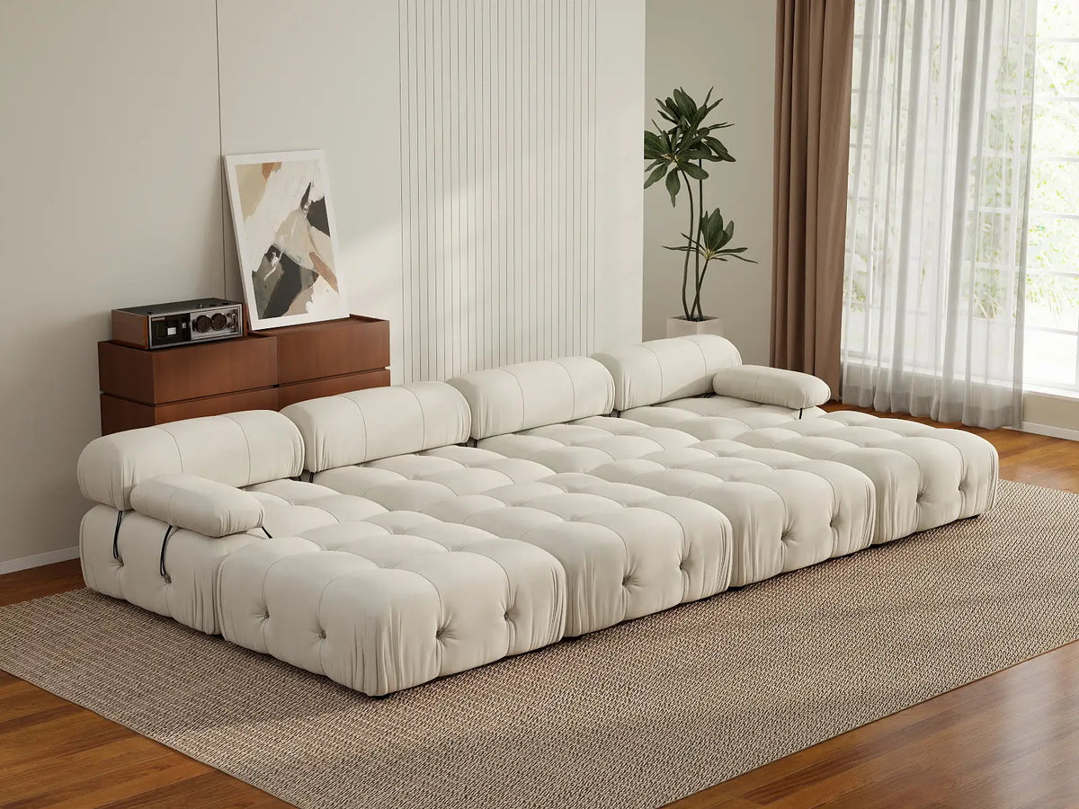 Matrix Beige 4-Seater Pit Sectional | 8-Piece (Includes 4 Ottomans), Velvet Fabric, Fixed Upholstery