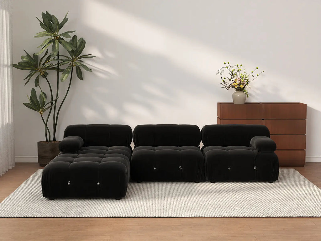 Matrix Black 3-Seater L-Shaped Sectional | 4-Piece (Includes 1 Ottoman), Velvet Fabric, Fixed Upholstery