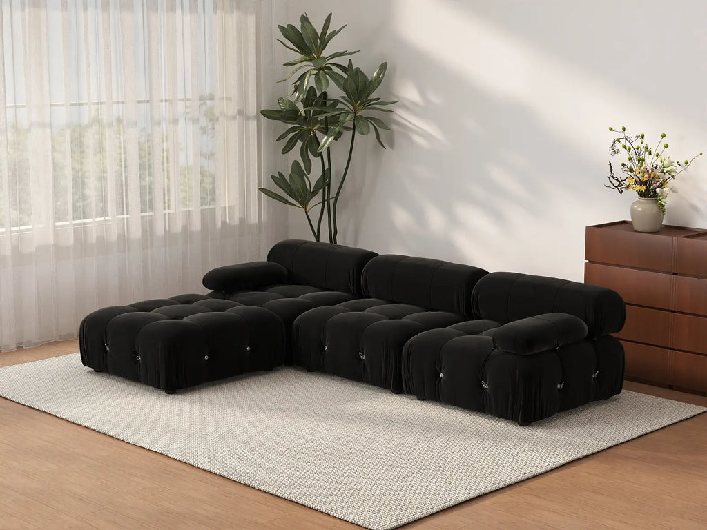 Matrix Black 3-Seater L-Shaped Sectional | 4-Piece (Includes 1 Ottoman), Velvet Fabric, Fixed Upholstery