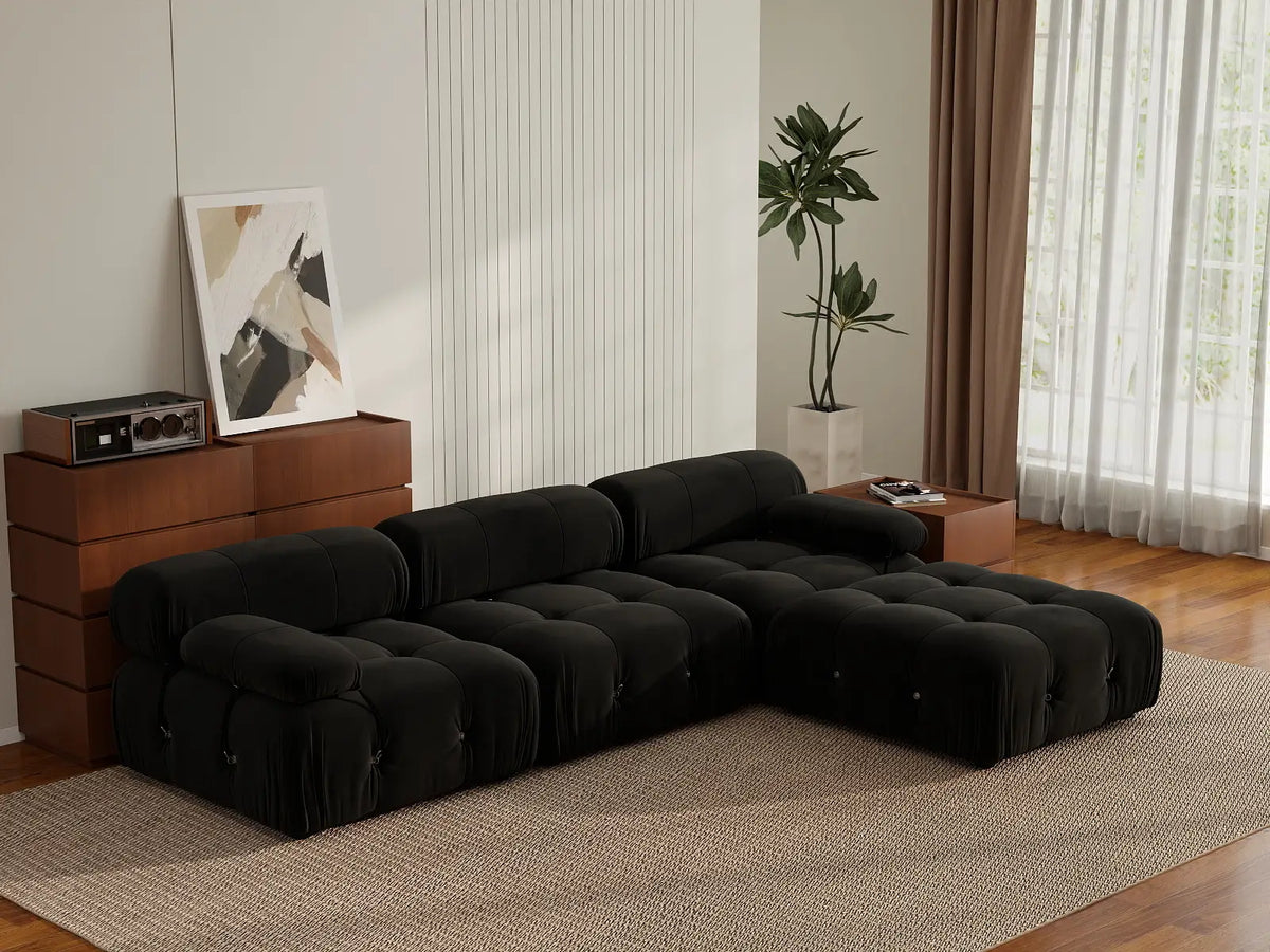 Matrix Black 3-Seater L-Shaped Sectional | 4-Piece (Includes 1 Ottoman), Velvet Fabric, Fixed Upholstery