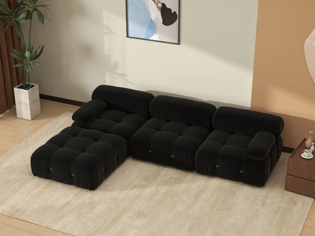 Matrix Black 3-Seater L-Shaped Sectional | 4-Piece (Includes 1 Ottoman), Velvet Fabric, Fixed Upholstery