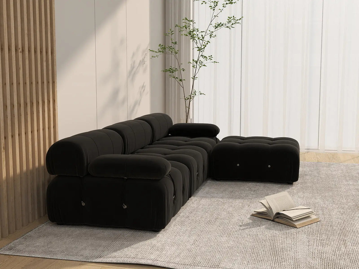 Matrix Black 3-Seater L-Shaped Sectional | 4-Piece (Includes 1 Ottoman), Velvet Fabric, Fixed Upholstery