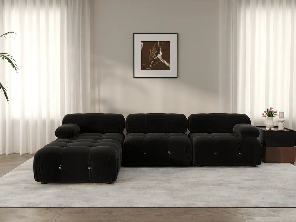 Matrix Black 3-Seater L-Shaped Sectional | 4-Piece (Includes 1 Ottoman), Velvet Fabric, Fixed Upholstery