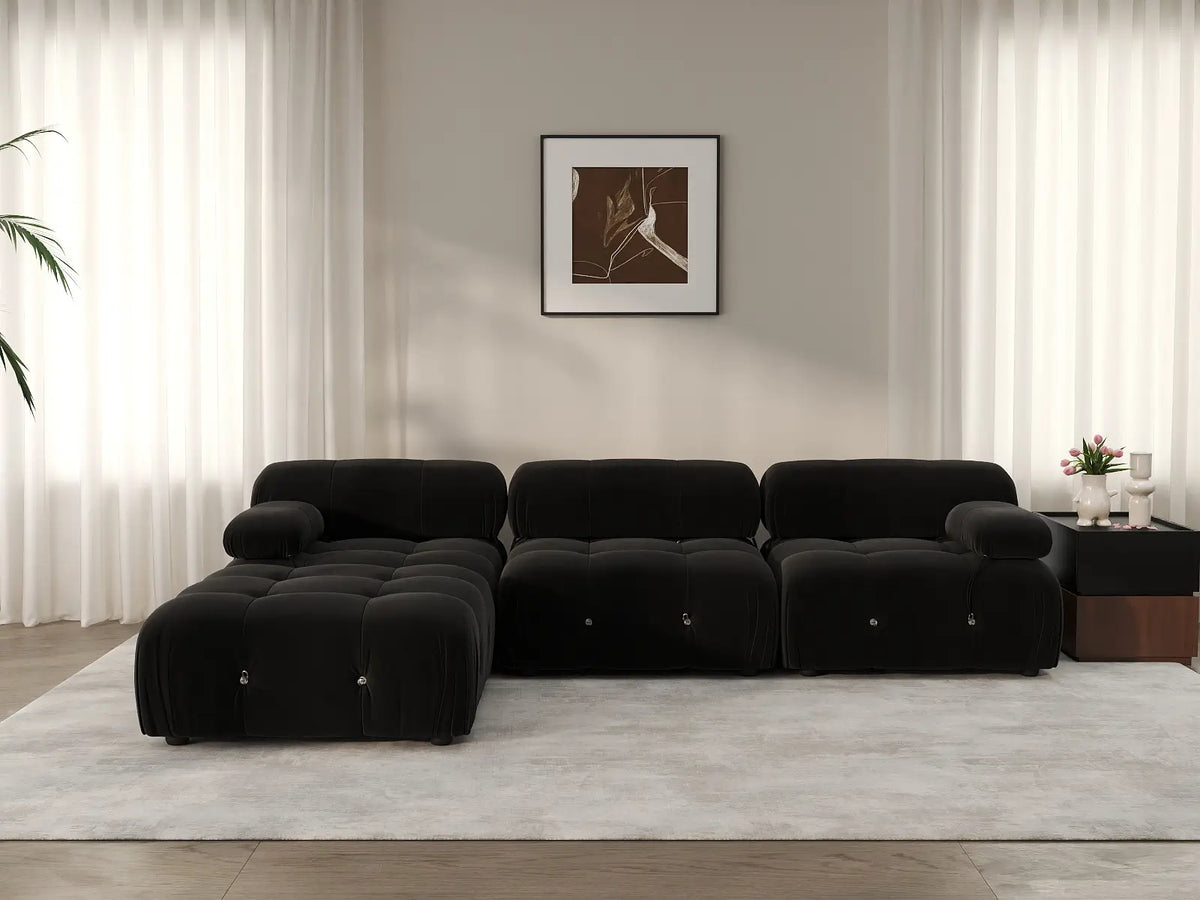 Matrix Black 3-Seater L-Shaped Sectional | 4-Piece (Includes 1 Ottoman), Velvet Fabric, Fixed Upholstery