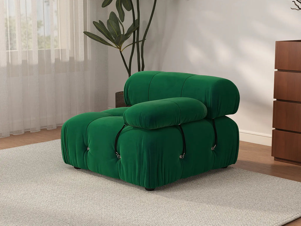 Matrix Green 1-Seater Single Sofa | 1-Piece, Right-Arm Design, Velvet Fabric, Fixed Upholstery