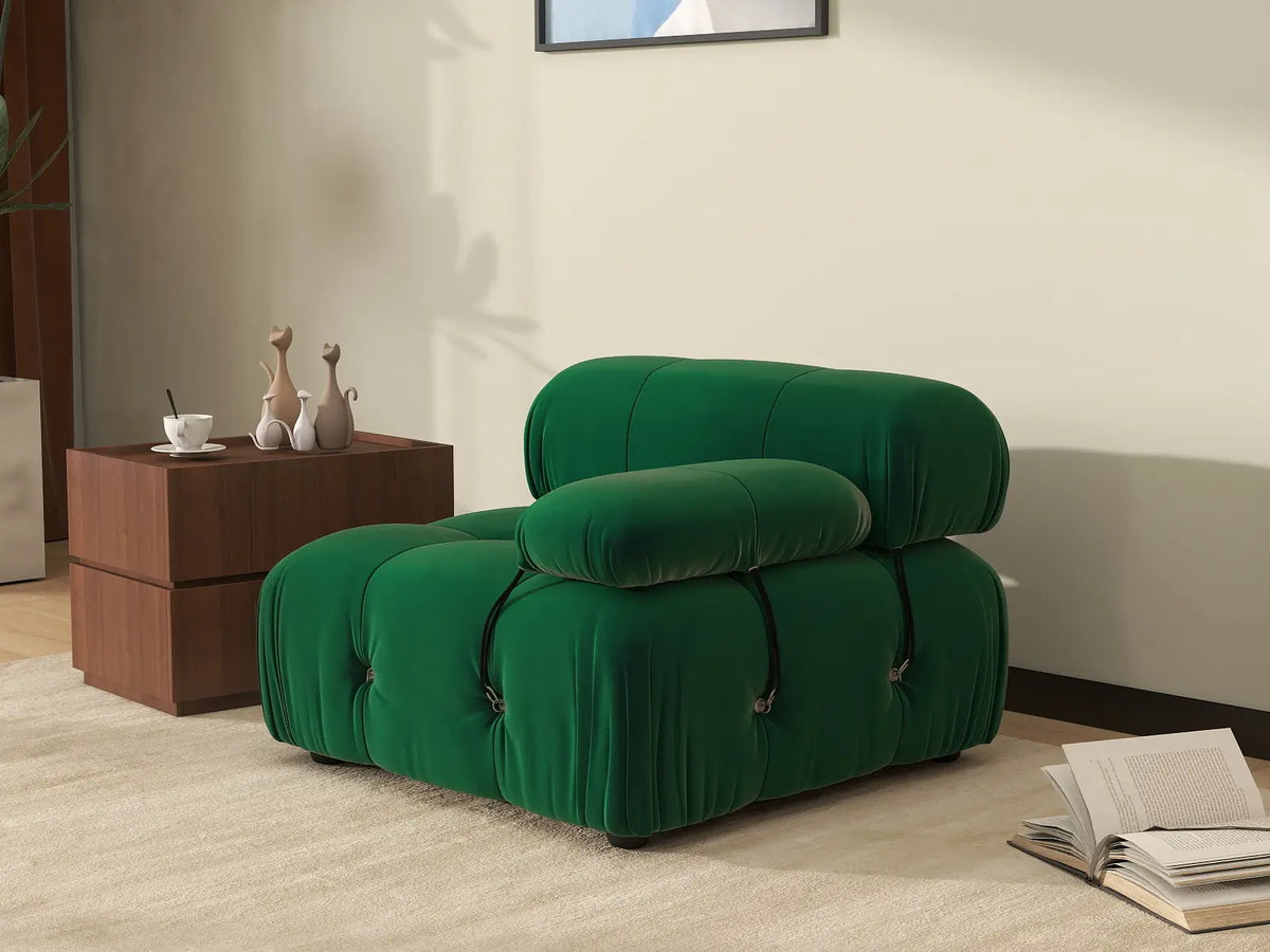 Matrix Green 1-Seater Single Sofa | 1-Piece, Right-Arm Design, Velvet Fabric, Fixed Upholstery