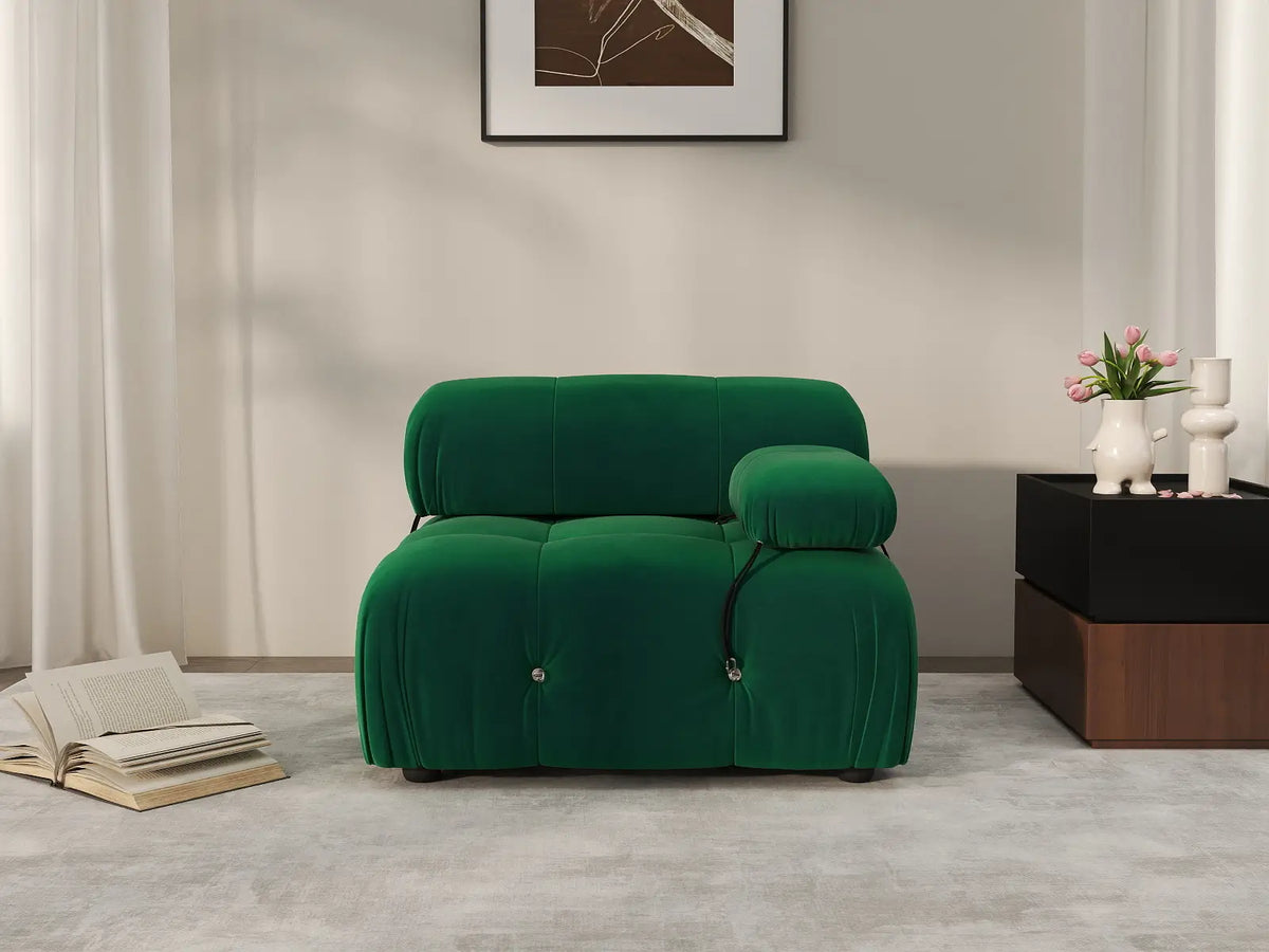 Matrix Green 1-Seater Single Sofa | 1-Piece, Right-Arm Design, Velvet Fabric, Fixed Upholstery
