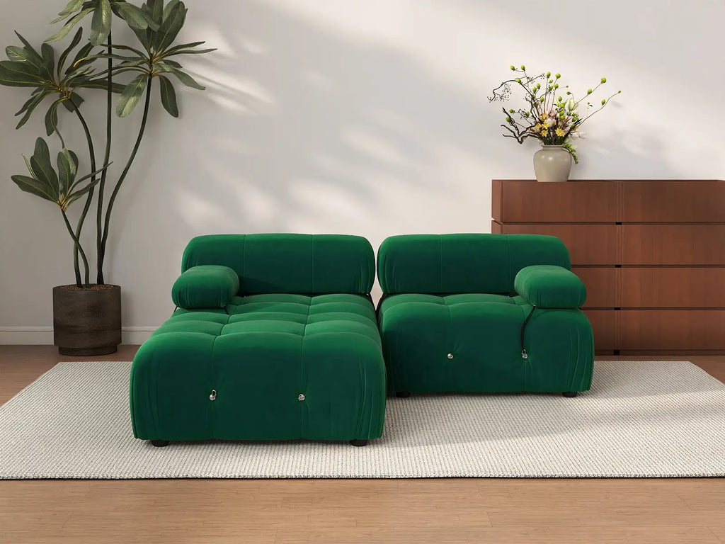 Matrix Green 2-Seater Chaise Sectional | 3-Piece (Includes 1 Ottoman), Velvet Fabric, Fixed Upholstery