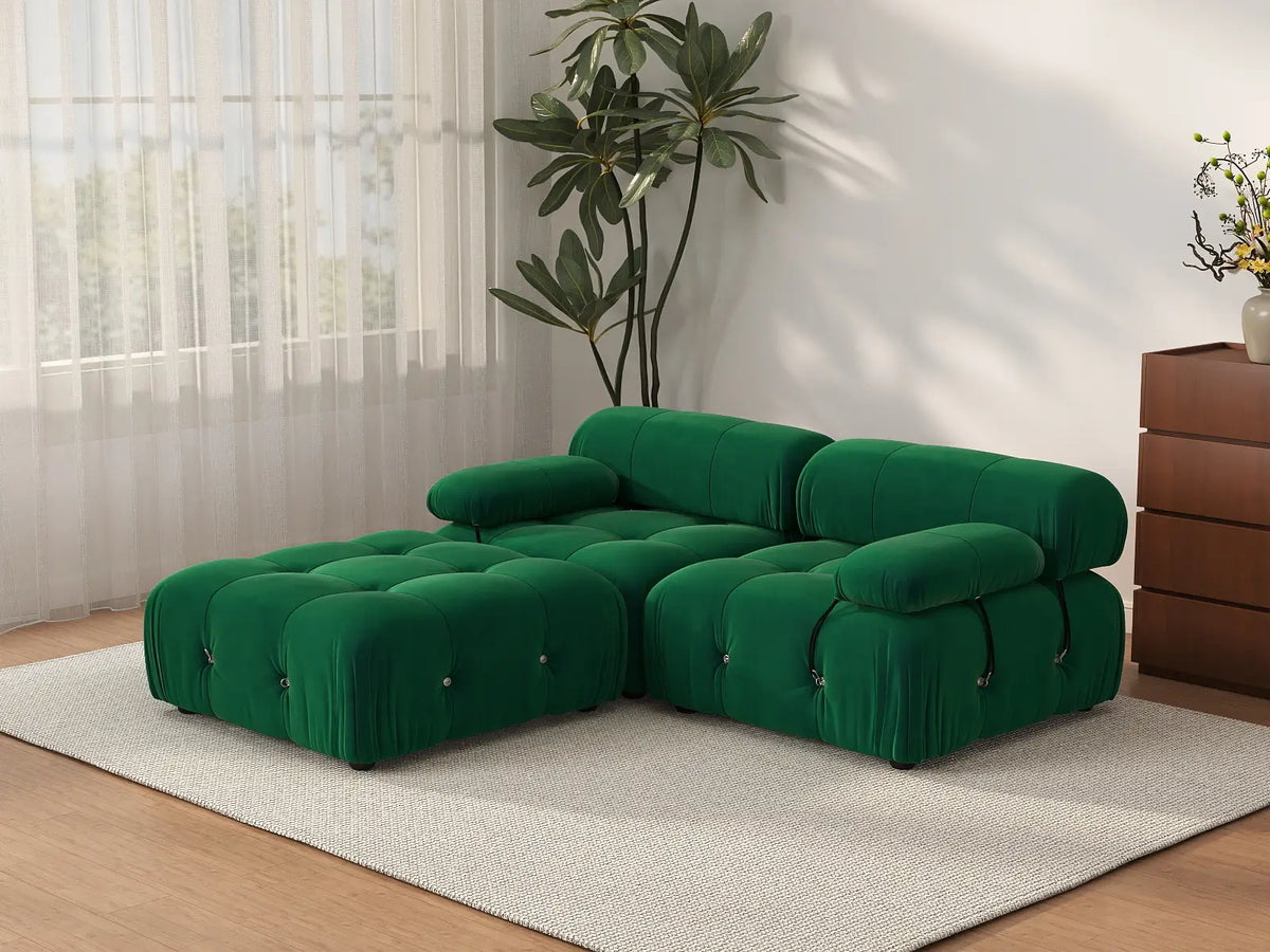 Matrix Green 2-Seater Chaise Sectional | 3-Piece (Includes 1 Ottoman), Velvet Fabric, Fixed Upholstery