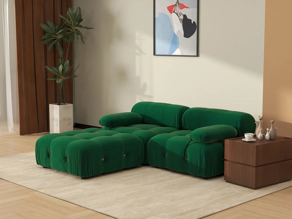Matrix Green 2-Seater Chaise Sectional | 3-Piece (Includes 1 Ottoman), Velvet Fabric, Fixed Upholstery