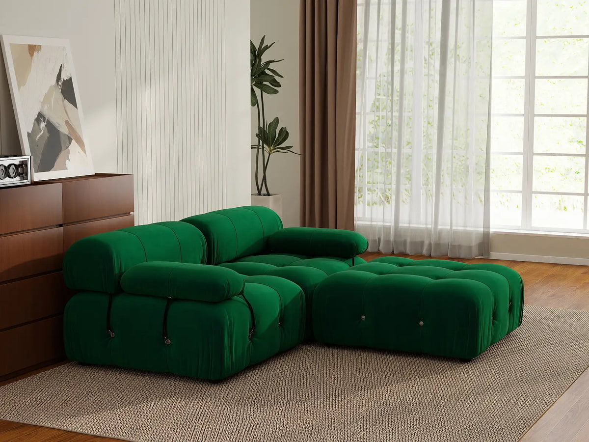 Matrix Green 2-Seater Chaise Sectional | 3-Piece (Includes 1 Ottoman), Velvet Fabric, Fixed Upholstery