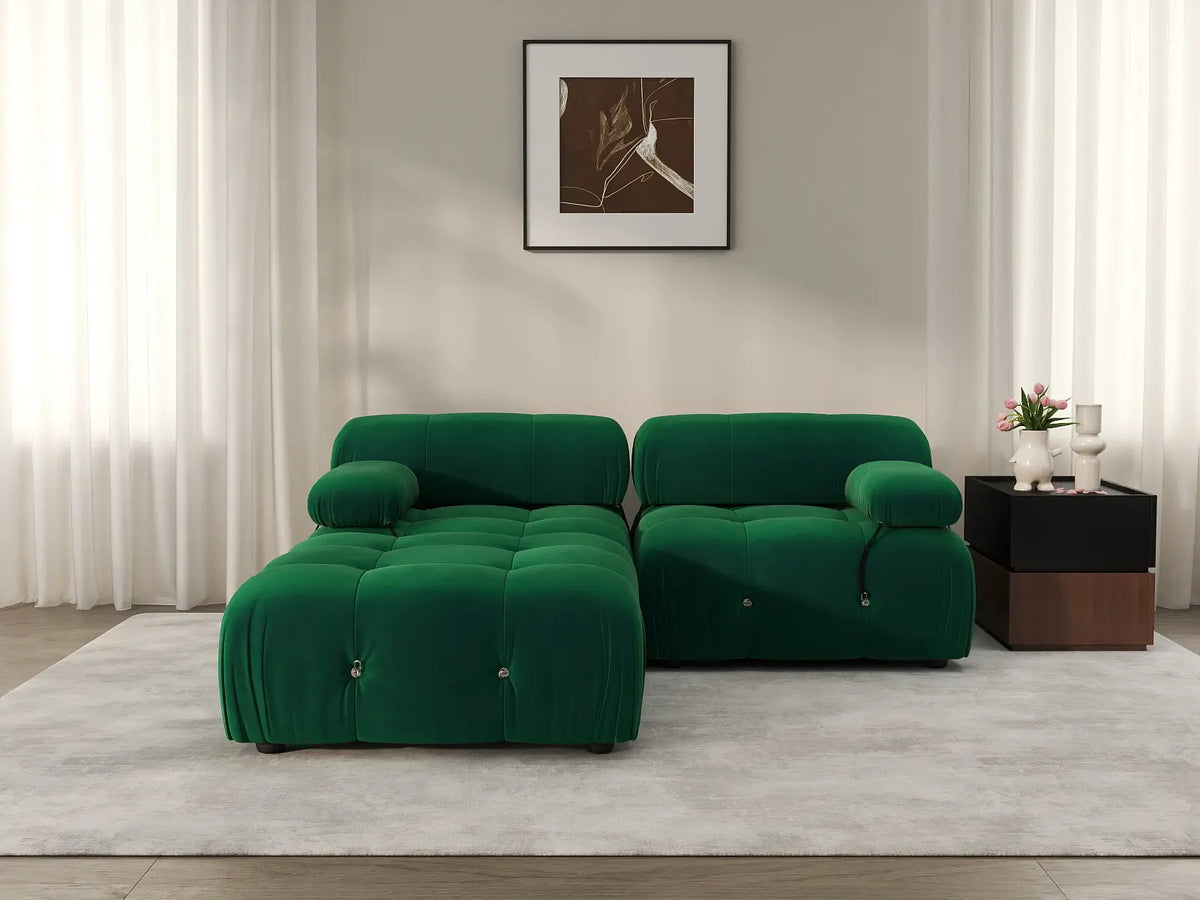 Matrix Green 2-Seater Chaise Sectional | 3-Piece (Includes 1 Ottoman), Velvet Fabric, Fixed Upholstery