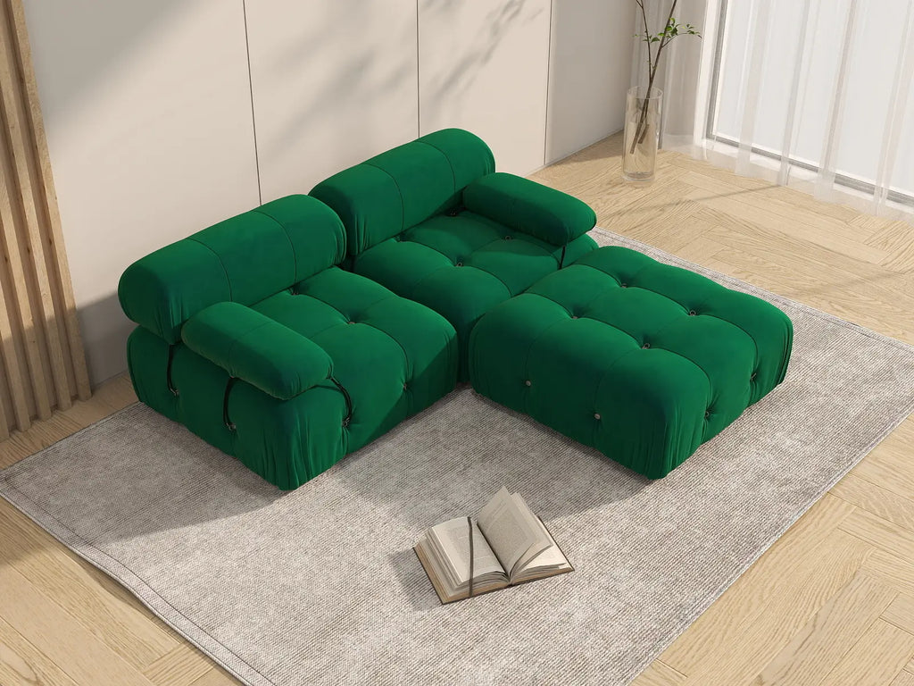 Matrix Green 2-Seater Chaise Sectional | 3-Piece (Includes 1 Ottoman), Velvet Fabric, Fixed Upholstery