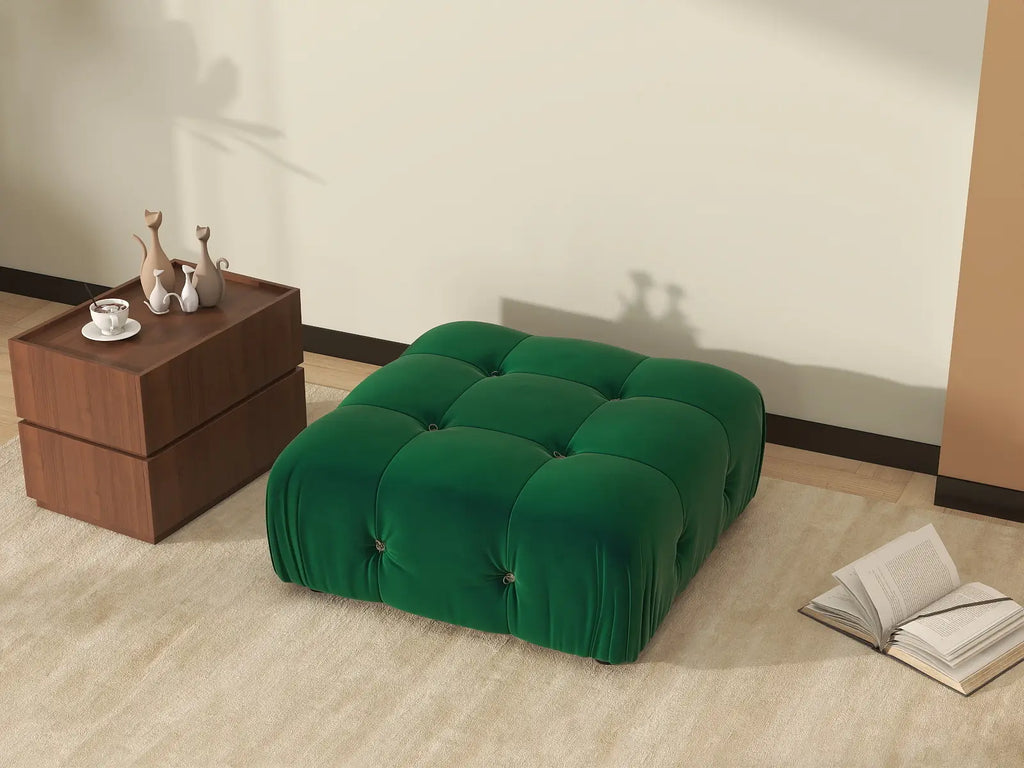 Matrix Green Ottoman | Velvet Fabric, Fixed Upholstery