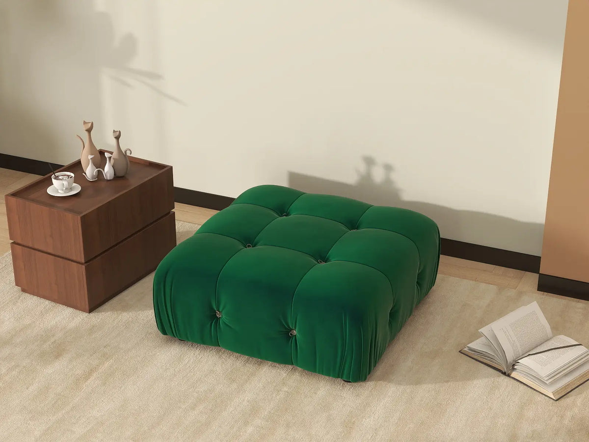 Matrix Green Ottoman | Velvet Fabric, Fixed Upholstery