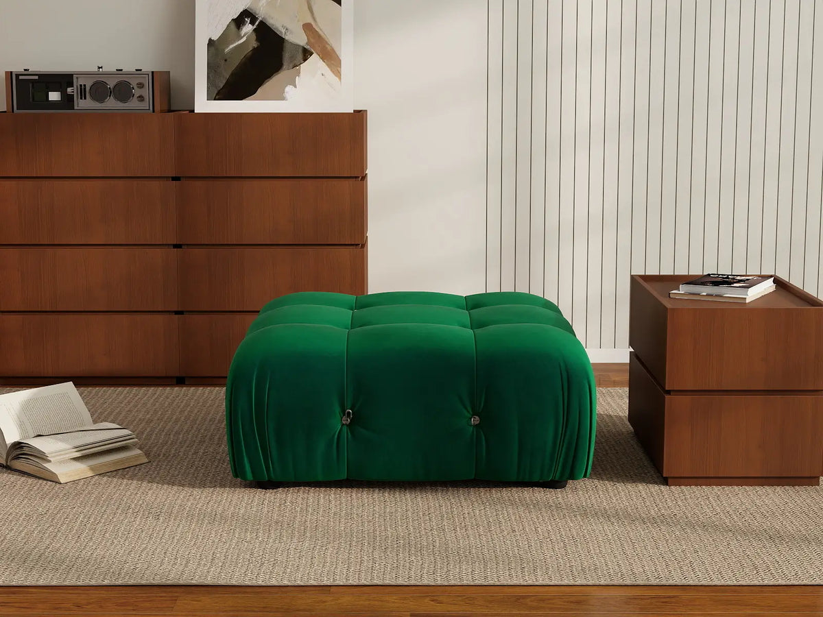 Matrix Green Ottoman | Velvet Fabric, Fixed Upholstery