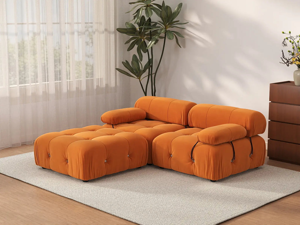 Matrix Orange 2-Seater Chaise Sectional | 3-Piece (Includes 1 Ottoman), Velvet Fabric, Fixed Upholstery
