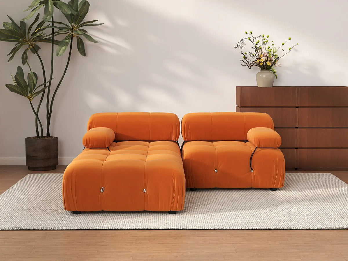 Matrix Orange 2-Seater Chaise Sectional | 3-Piece (Includes 1 Ottoman), Velvet Fabric, Fixed Upholstery