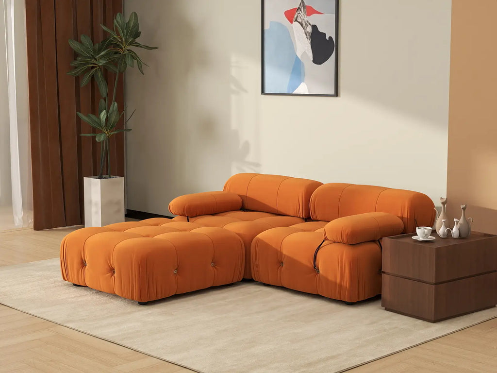 Matrix Orange 2-Seater Chaise Sectional | 3-Piece (Includes 1 Ottoman), Velvet Fabric, Fixed Upholstery