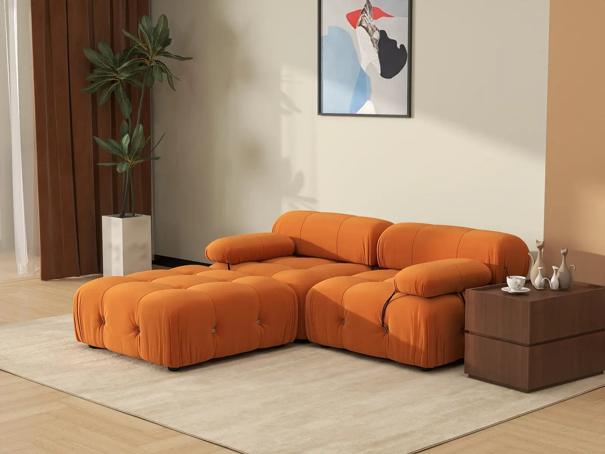 Matrix Orange 2-Seater Chaise Sectional | 3-Piece (Includes 1 Ottoman), Velvet Fabric, Fixed Upholstery