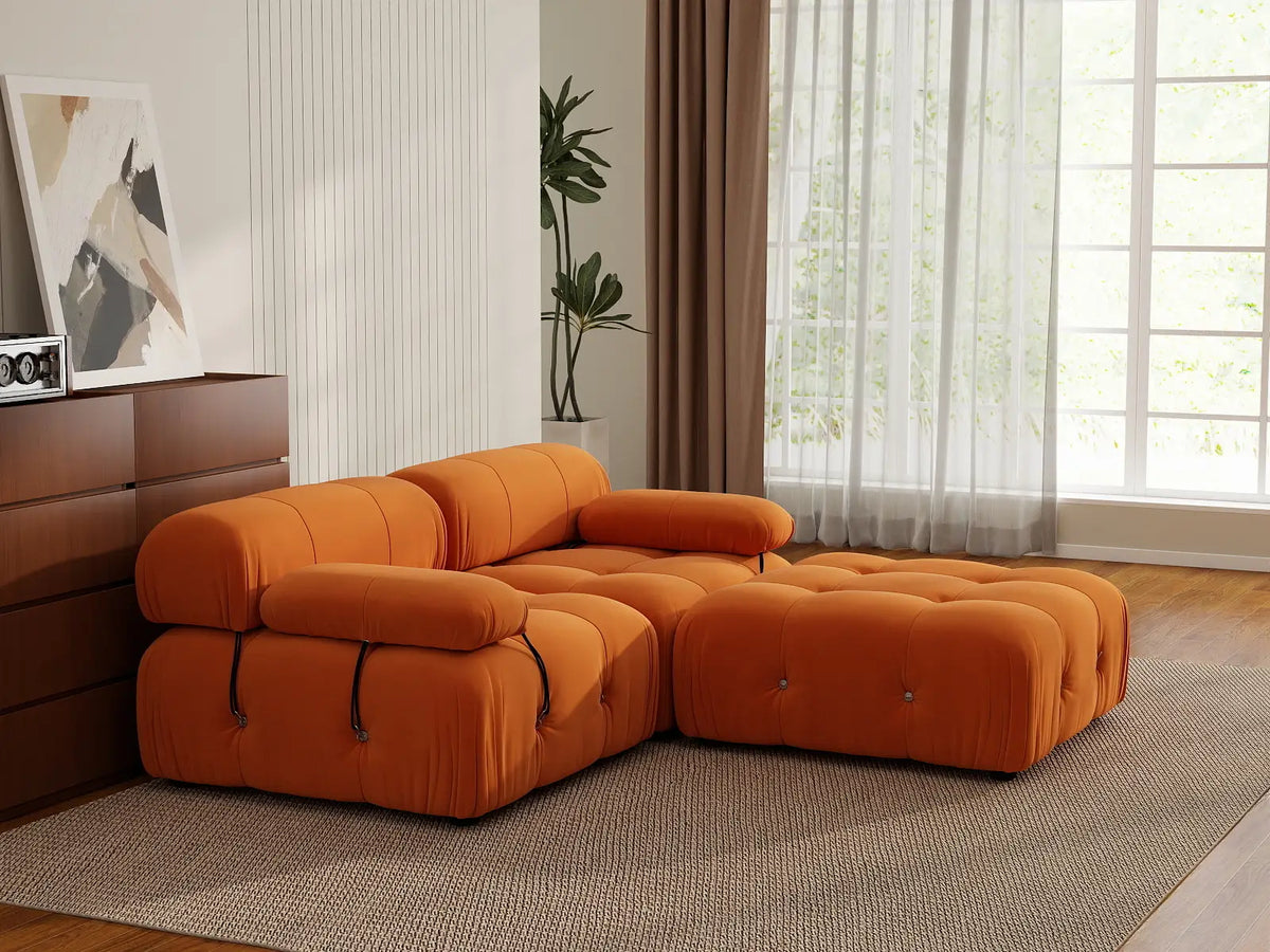 Matrix Orange 2-Seater Chaise Sectional | 3-Piece (Includes 1 Ottoman), Velvet Fabric, Fixed Upholstery