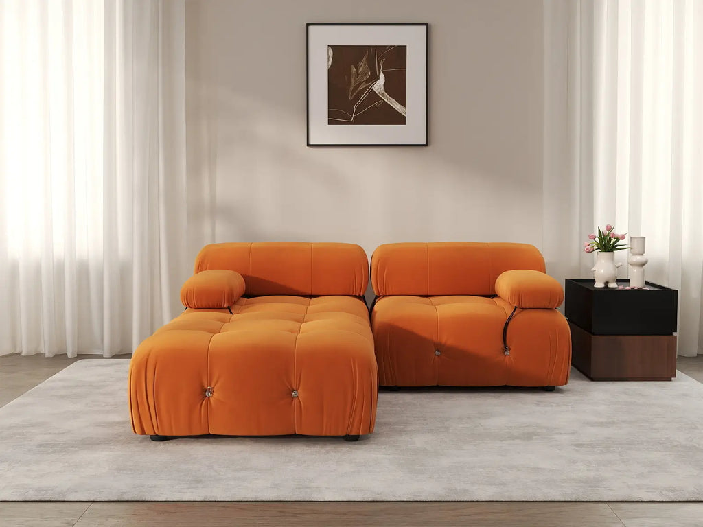 Matrix Orange 2-Seater Chaise Sectional | 3-Piece (Includes 1 Ottoman), Velvet Fabric, Fixed Upholstery