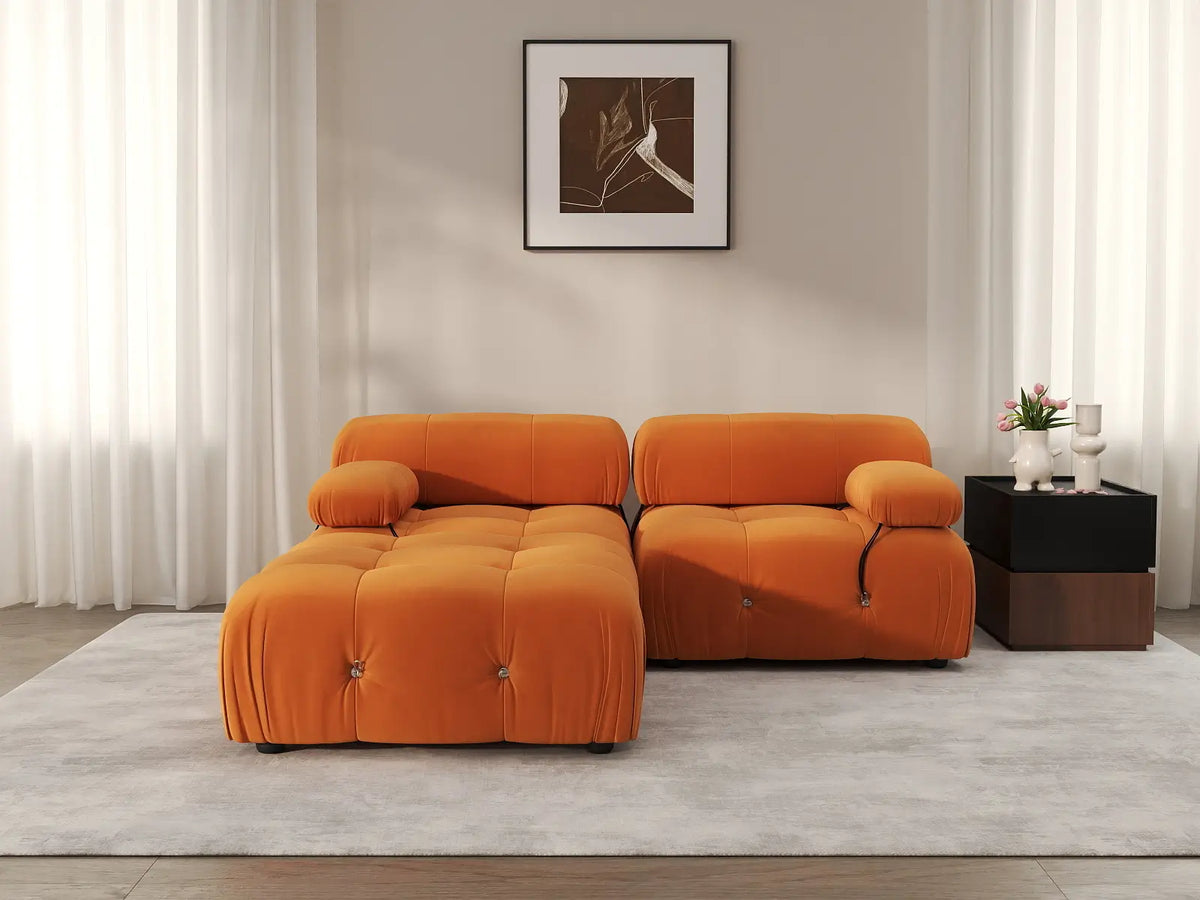 Matrix Orange 2-Seater Chaise Sectional | 3-Piece (Includes 1 Ottoman), Velvet Fabric, Fixed Upholstery