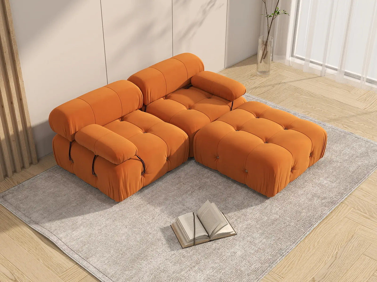 Matrix Orange 2-Seater Chaise Sectional | 3-Piece (Includes 1 Ottoman), Velvet Fabric, Fixed Upholstery