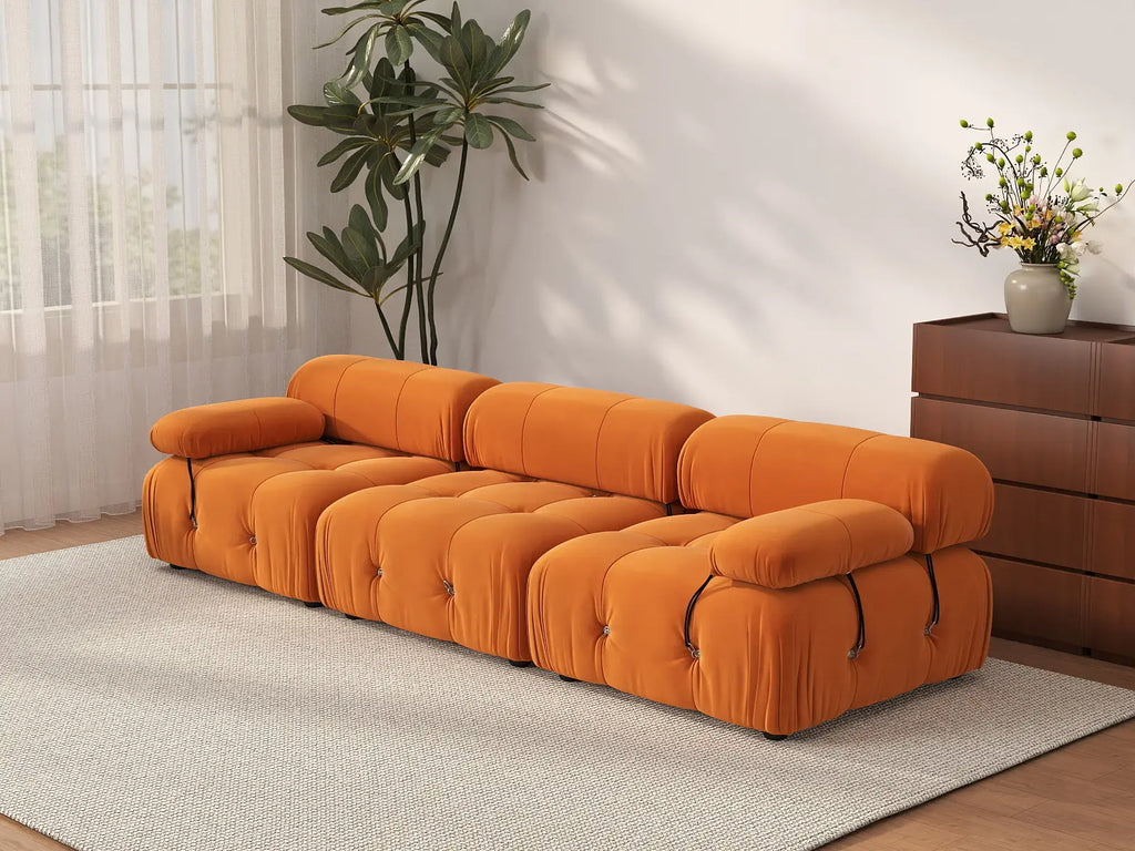 Matrix Orange 3-Seater Couch Sectionals | 3-Piece, Velvet Fabric, Fixed Upholstery