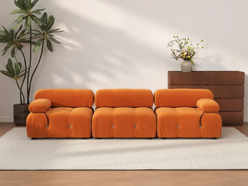 Matrix Orange 3-Seater Couch Sectionals | 3-Piece, Velvet Fabric, Fixed Upholstery